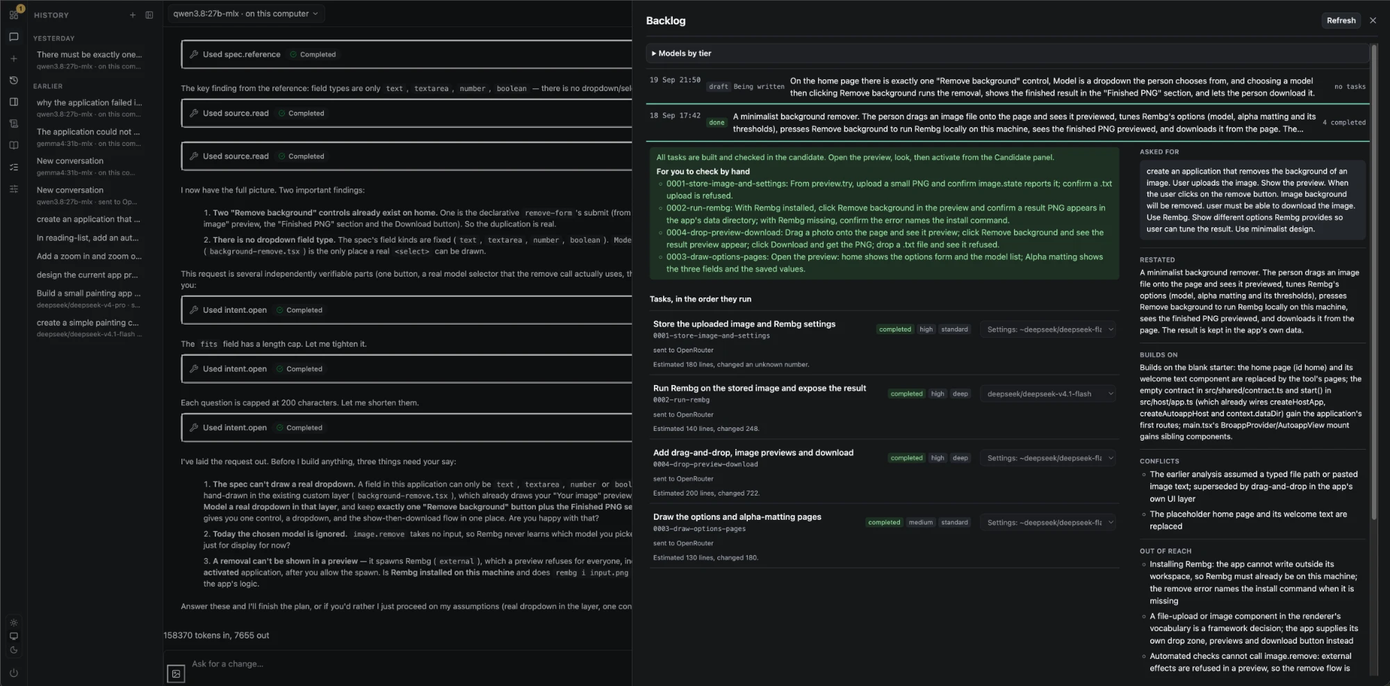 The Backlog panel: a draft intent being written and a finished one with four completed tasks, the sentences a person checks by hand, each task with its priority, tier, model and where it runs, and on the right the request as asked, the restated analysis, what it builds on, its conflicts and what is out of reach.