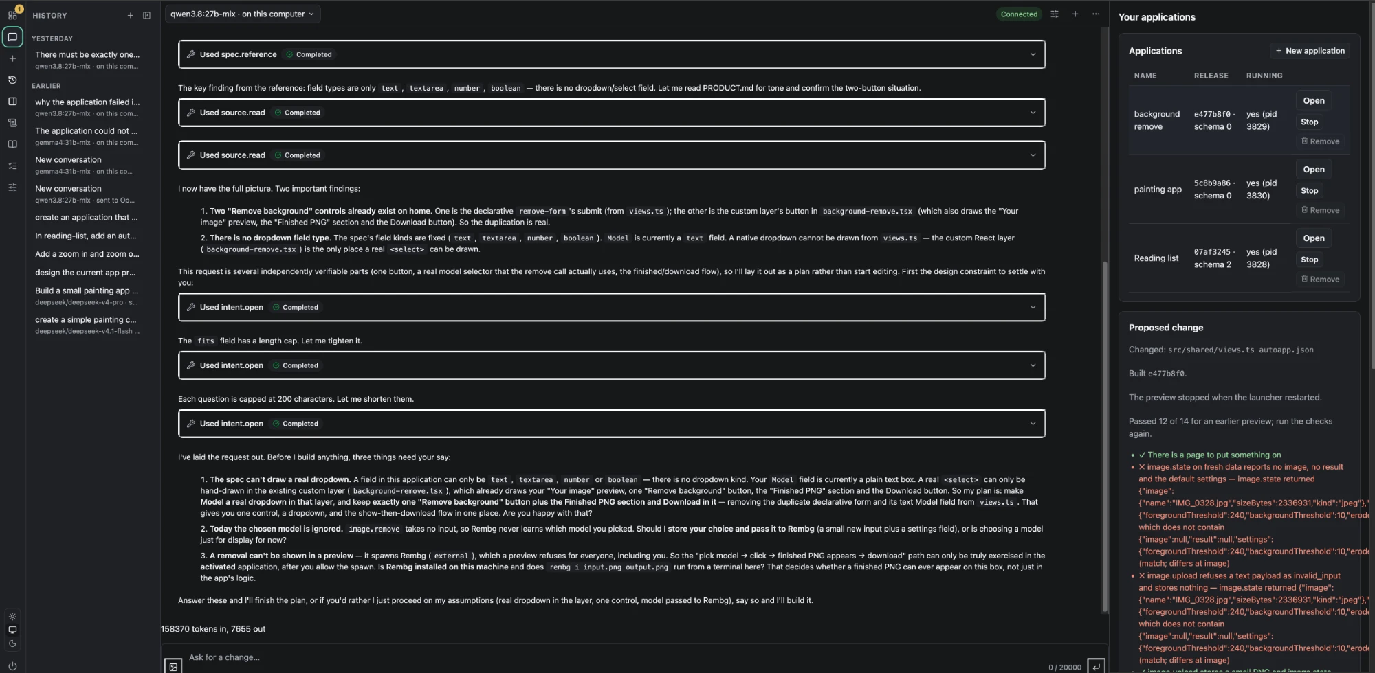 The launcher tab: a conversation history on the left; the engineer's turn in the middle, reading the specification and the source and then asking three questions before it plans; on the right the applications table with each application's release and process, and the proposed change with the files it changed, its build, and its acceptance checks marked passed or failed.