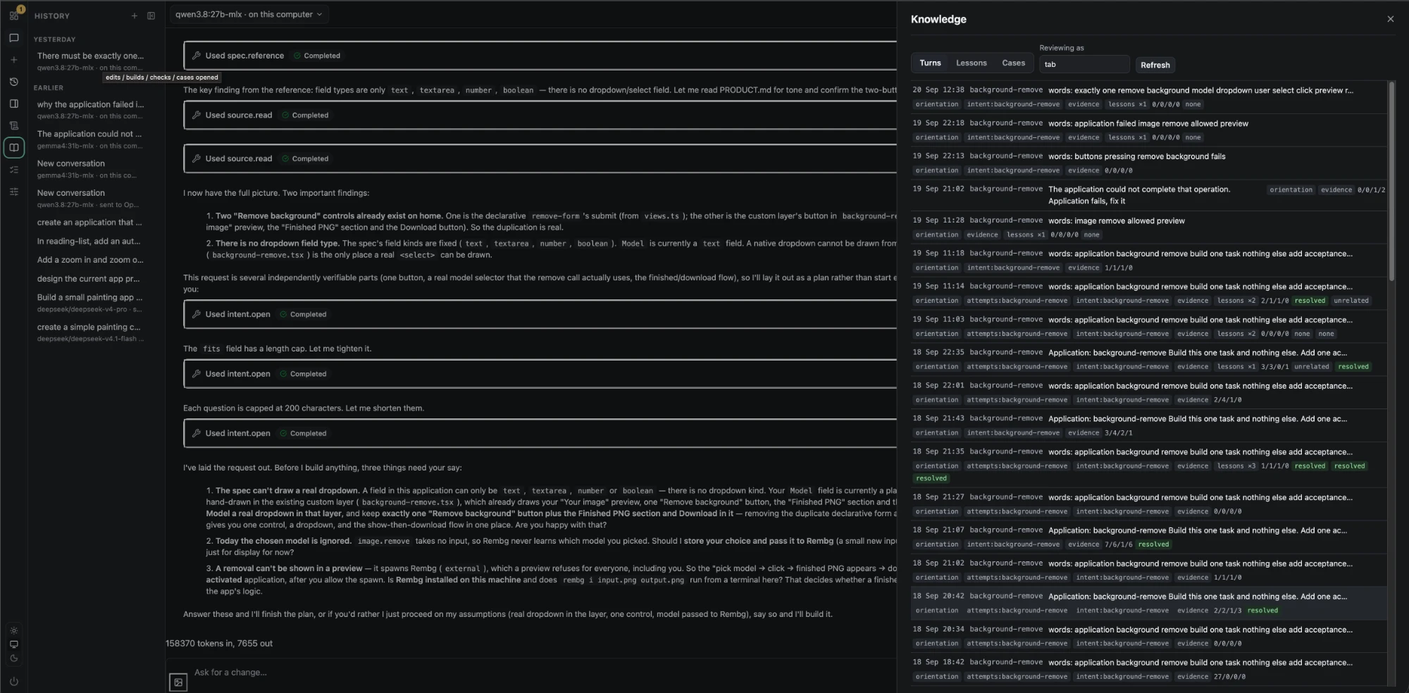 The Knowledge panel on its Turns view: one row per turn, newest first, with its application, the request or its words, the documents it was given, and the outcome of each lesson it was served.