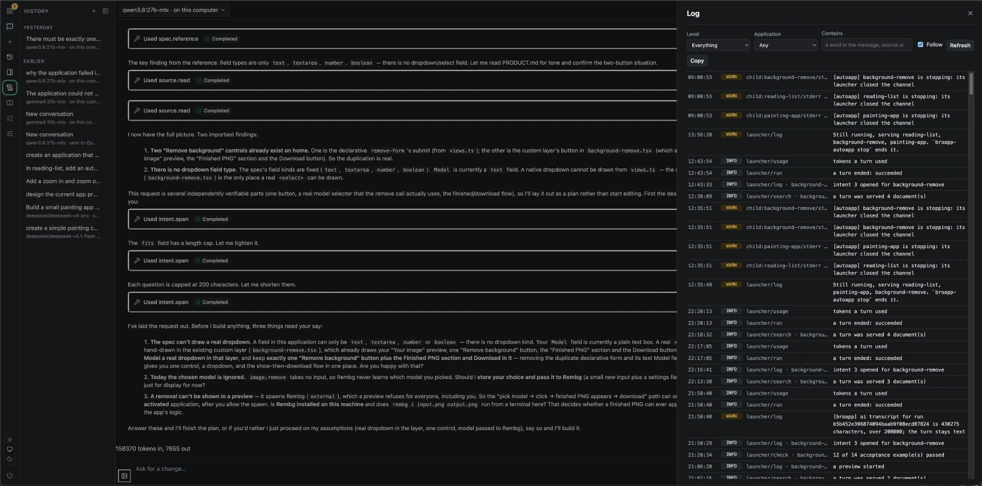 The Log panel: filters for level, application and words, Follow and Copy, and the newest lines first, each with its time, level, source and message, such as a child stopping when its launcher closed the channel and a turn ending with the tokens it used.