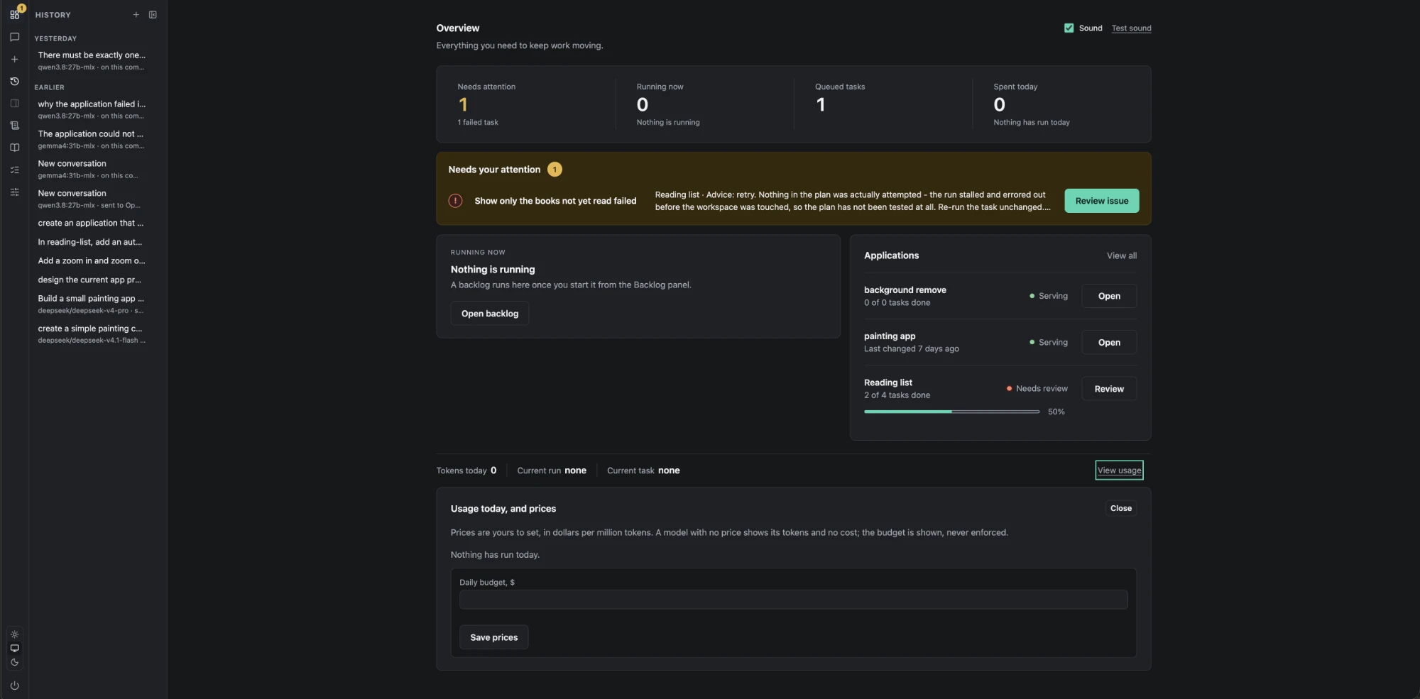 The Overview screen: counts of what needs attention, what is running, what is queued and what was spent today; a band naming a failed task and its advice with a Review action; the run in progress, or that nothing is; each application with its state and progress; and today's usage with the prices a person sets.